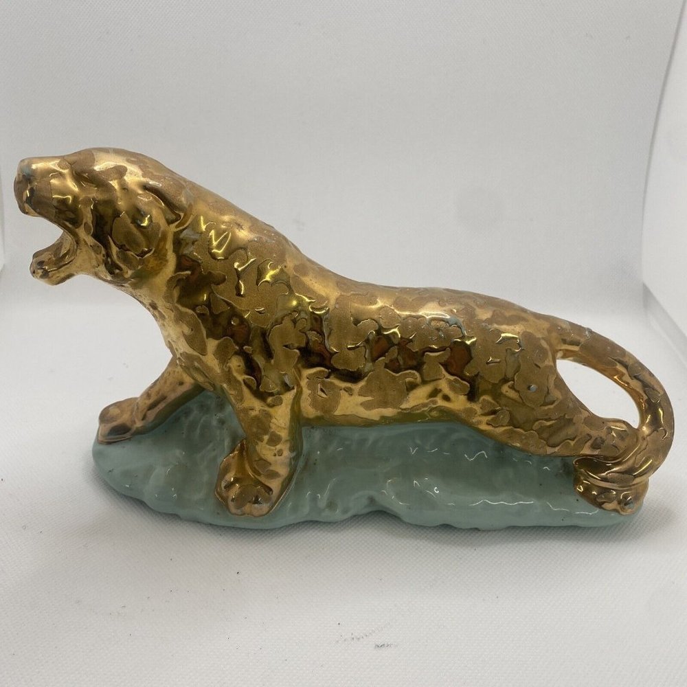 Vintage MCM 24K Weeping Gold & Aqua Tiger Big Cat Planter Cameron Clay Products